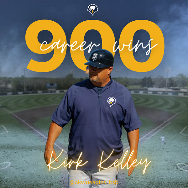 Coach Kirk Kelley, set against a baseball field backdrop with bold gold and white typography highlighting his major milestone achievement - 900 career wins.