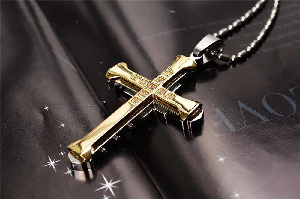 SUMENG 2025 New Male Crystal Cross Jesus Pendant Gold/Black/Blue Color