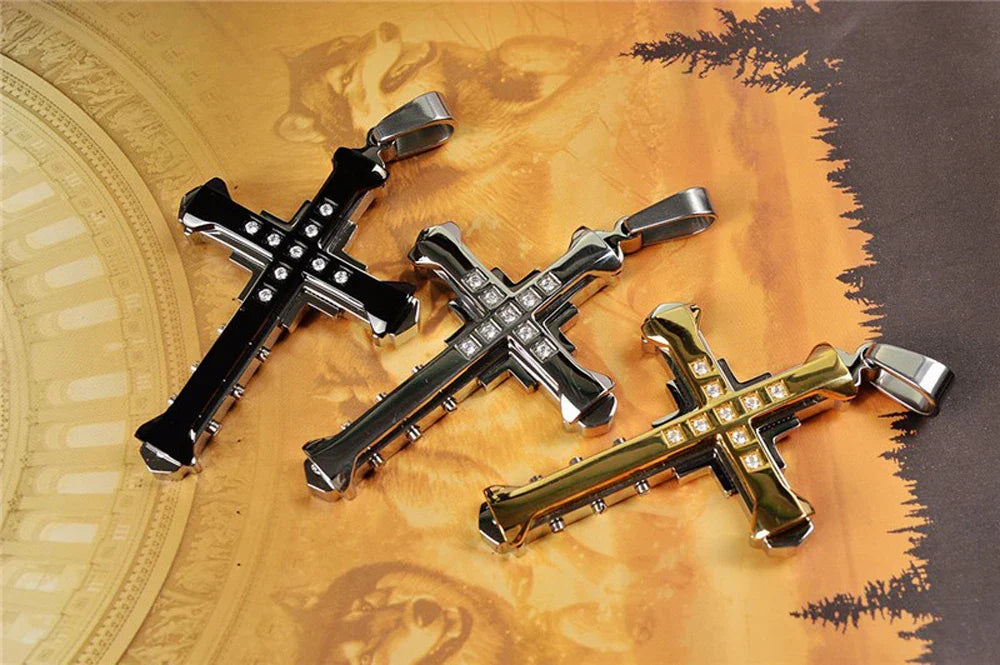 SUMENG 2025 New Male Crystal Cross Jesus Pendant Gold/Black/Blue Color