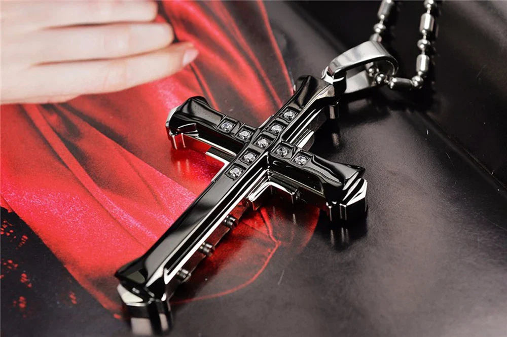 SUMENG 2025 New Male Crystal Cross Jesus Pendant Gold/Black/Blue Color