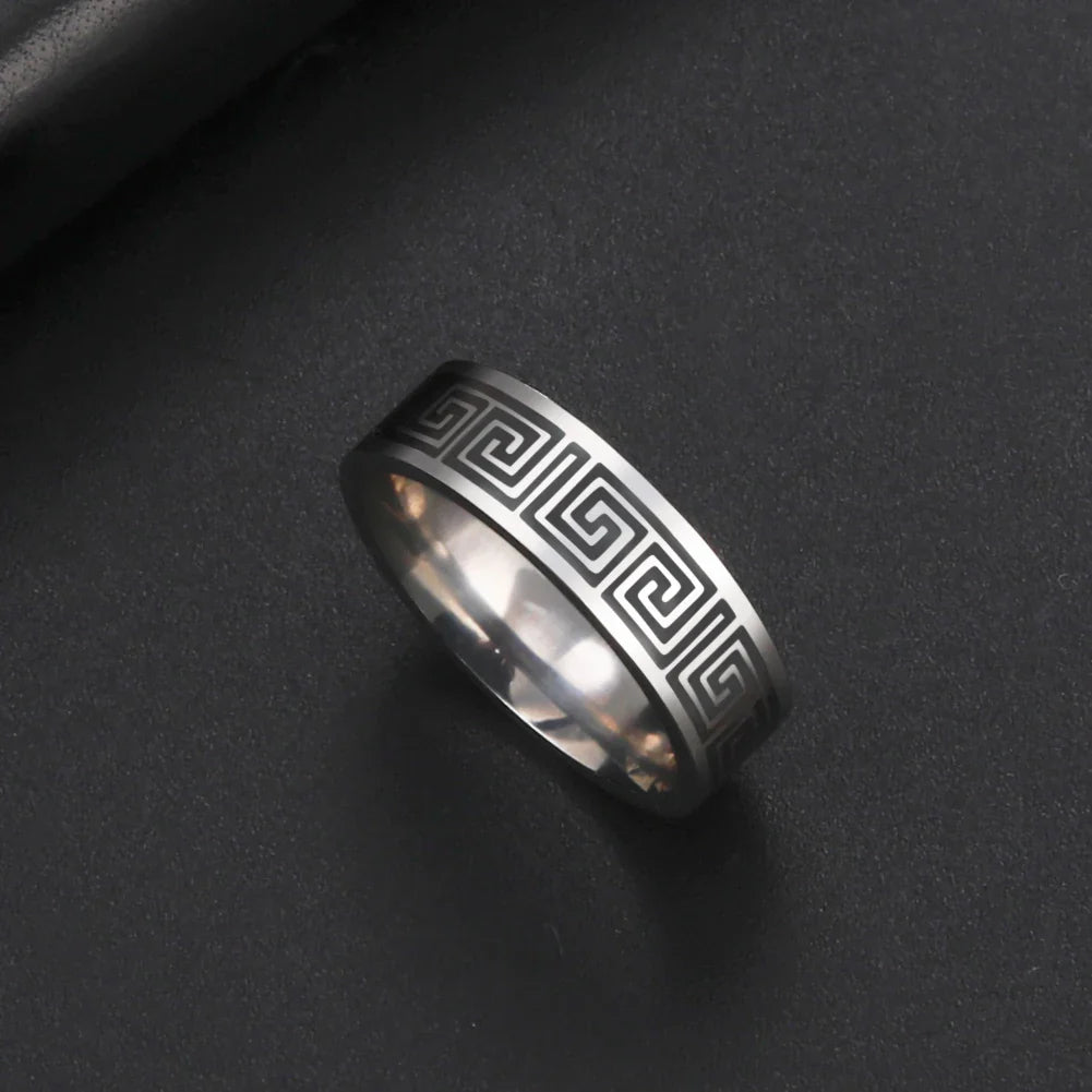 HIPEE 1Pcs Vintage Stainless Steel Greek Band Rings Turnable Ring with