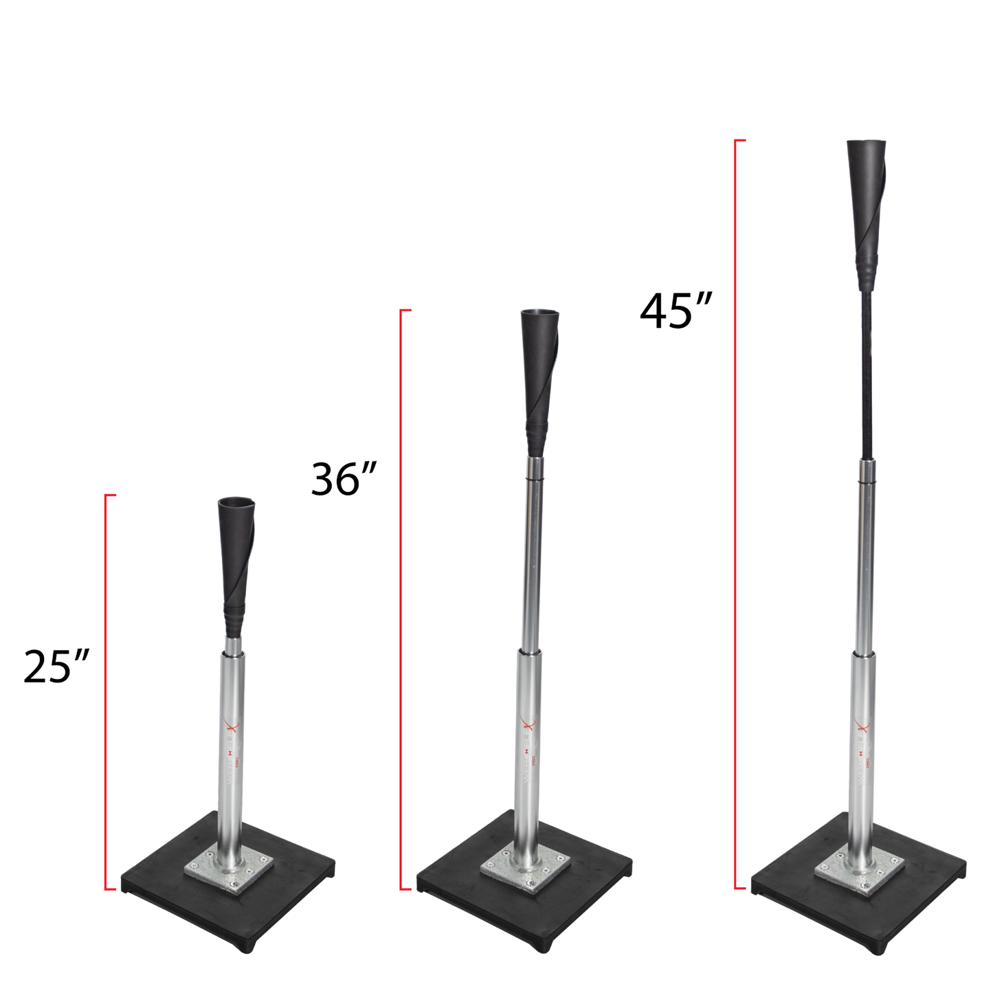 Pro Batting Tee shown at different heights with the adjustable telescoping stem