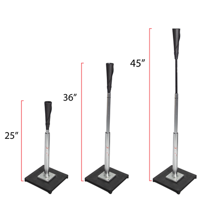 Pro Batting Tee shown at different heights with the adjustable telescoping stem