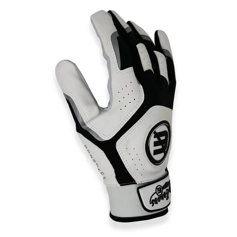 Profile view of a No Errors White & Black batting glove highlighting wrist support and fit