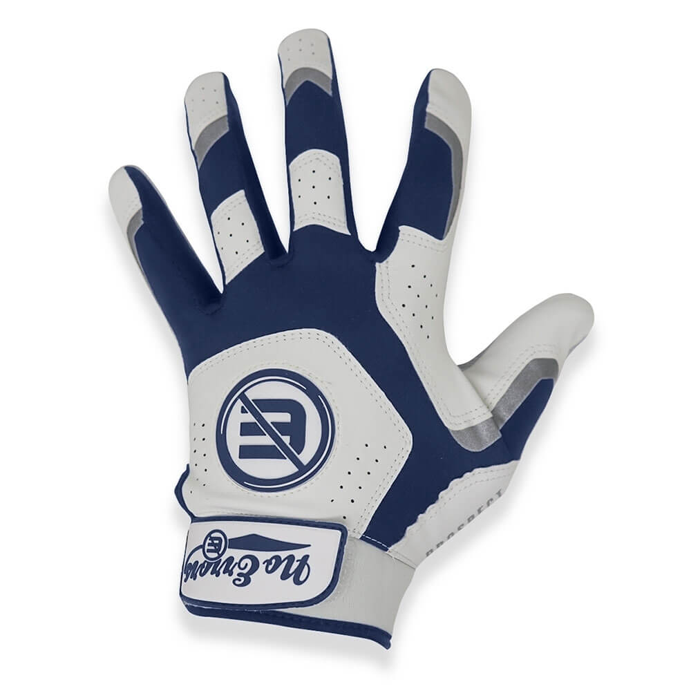 White & Navy Batting glove with a sleek, ventilated backhand for comfort and breathability.