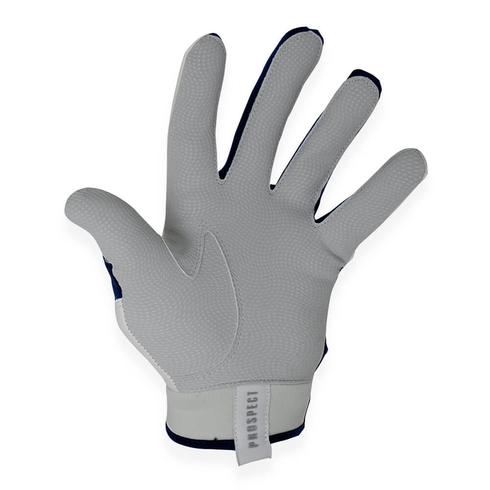 Detailed view of the White & grays batting glove’s textured palm for enhanced grip.