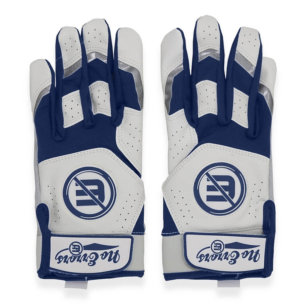 White & Navy Batting glove wrist strap with adjustable closure for a secure fit.