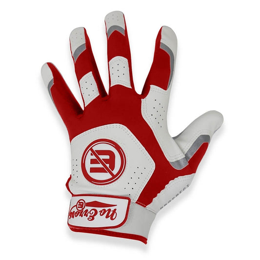 Zoomed-in shot of the No Errors reinforced stitching on the white and red batting glove’s fingers.