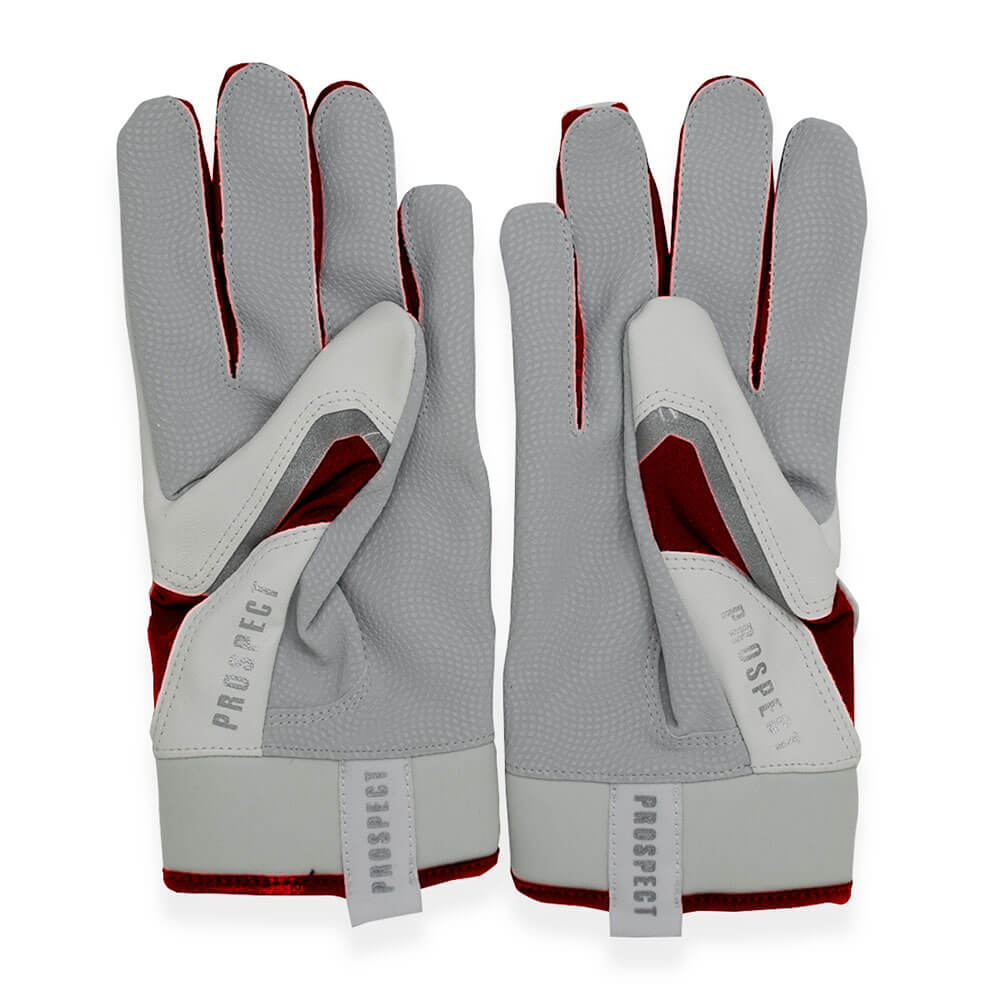 Close-up of a No Errors white and red batting glove, showcasing the palm and grip design.