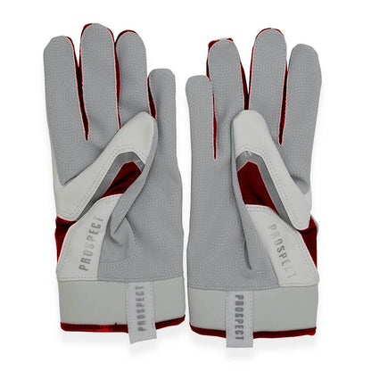 Close-up of a No Errors white and red batting glove, showcasing the palm and grip design.