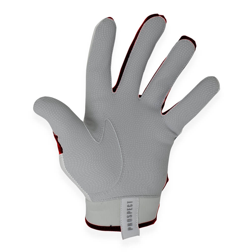 Detailed view of the Red and White batting glove’s textured palm for enhanced grip.