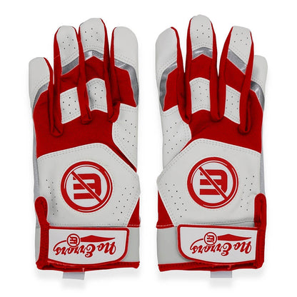 White and Red pair of batting gloves side by side, showing full design and colorway.