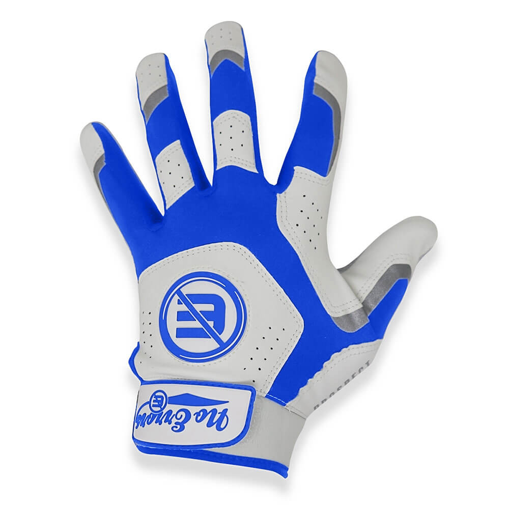 Overhead shot of a white and royal blue batting glove laid flat to display its full design.