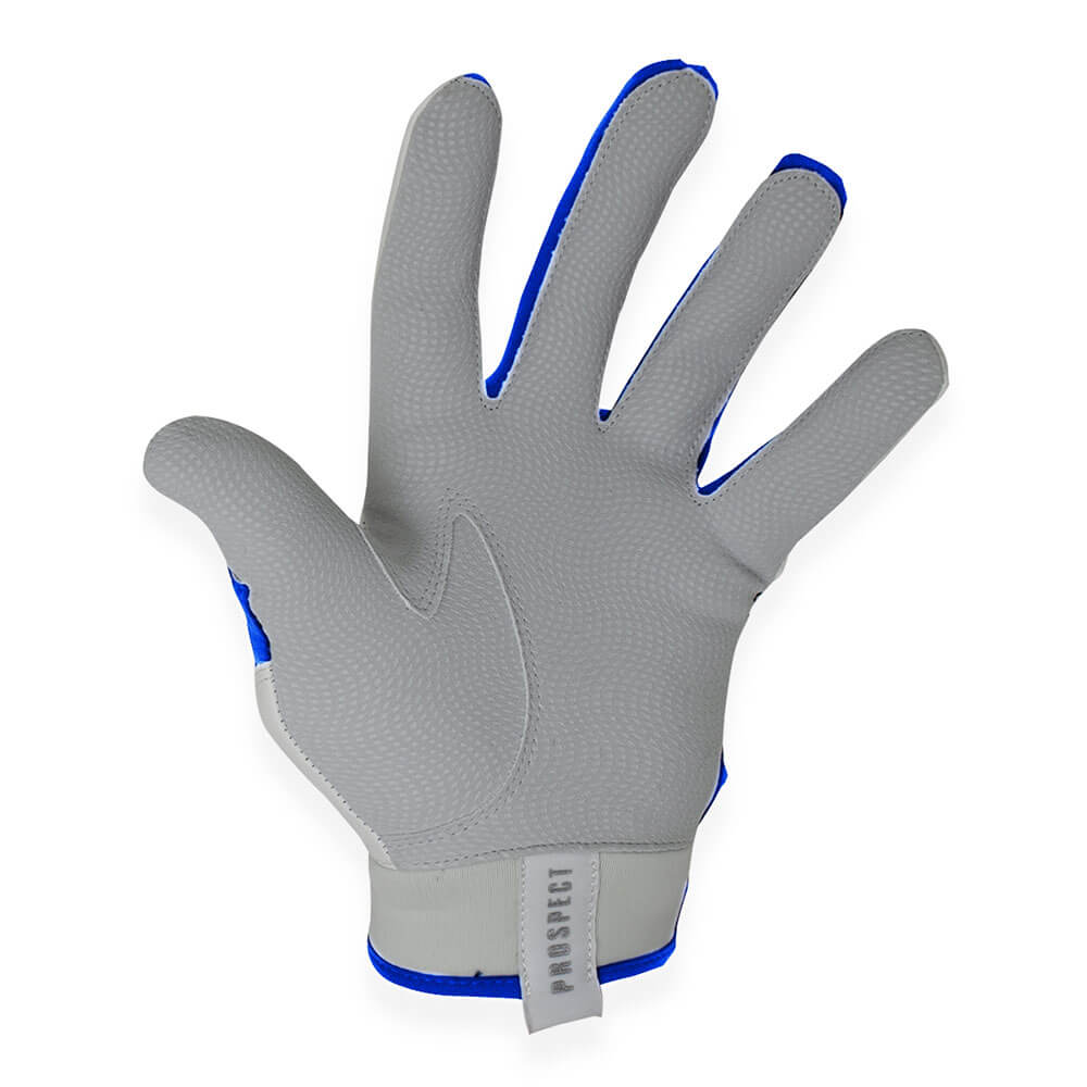 Detailed view of the No Errors White and Royal batting glove’s textured palm for enhanced grip.