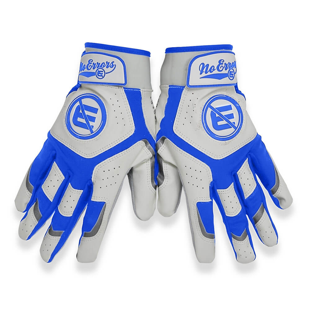 Pair of the No Errors White and Royal Blue batting gloves side by side, showing full design and colorway.