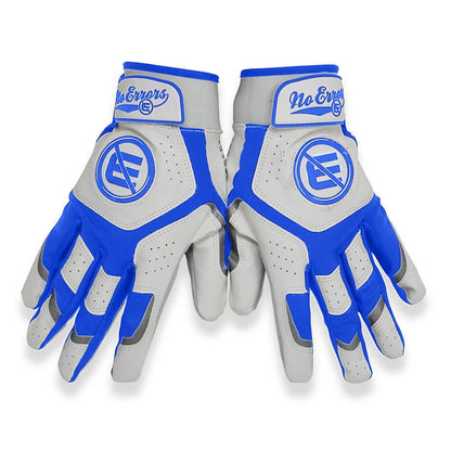 Pair of the No Errors White and Royal Blue batting gloves side by side, showing full design and colorway.