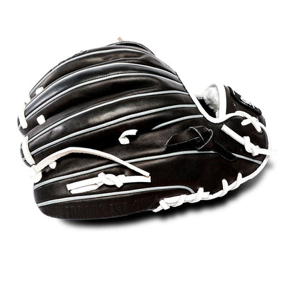 Side profile of an infield glove, highlighting its lightweight structure.