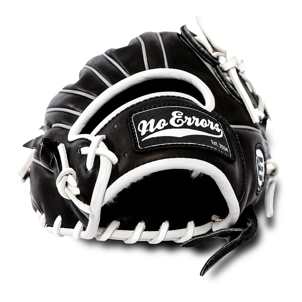 Adjustable wrist opening on an infield glove for a snug, secure fit.