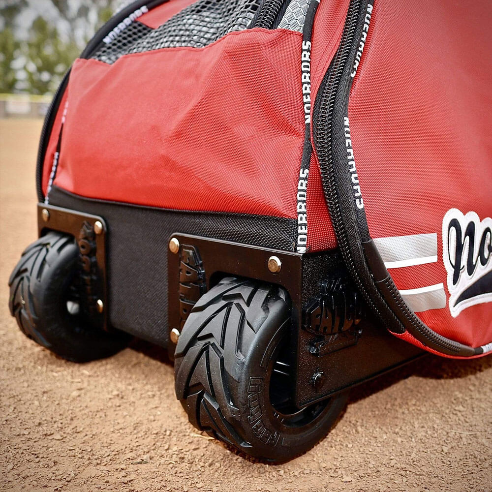 Detailed shot of the Dinger II's FatBoy Wheels that allows for 500lbs of equipment.